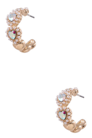 Cream Pearl Rhinestone Heart Hoop Earrings