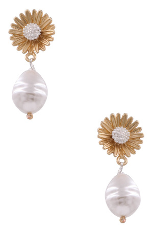 Metal Sunflower Cream Pearl Earrings