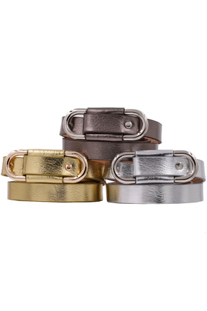 Loop Accent Oval Faux Leather Metallic Skinny Belt