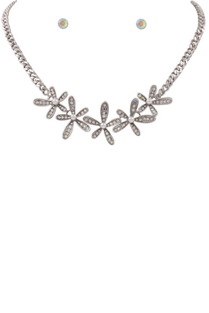 Metal Rhinsestone Flower Link Necklace Set