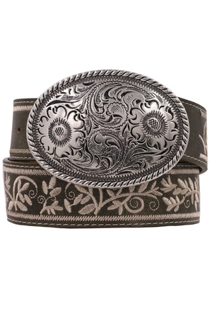 Metal Buckle Floral Embossed  Embroidered Belt
