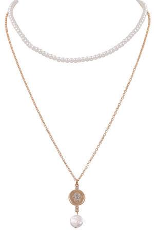 Cream Pearl Metal Pendant Layered Necklace