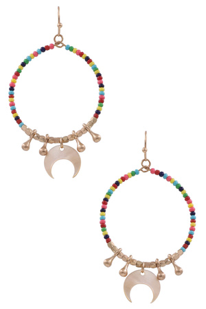 Seed Bead Hoop Crescent Charm Drop Earrings