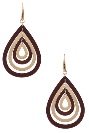 Metal Wood Layered Teardrop Dangle Earrings