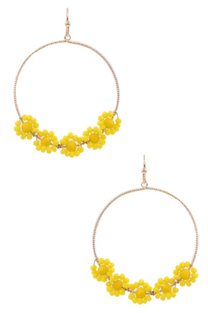 Metal Faceted Bead Flower Hoop Drop Earrings