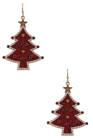 Metal Xmas Tree Cream Pearl Dangle Earrings
