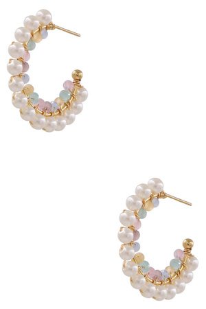 Metal Wired Cream Pearl Seed Beaded Hoop Earrings