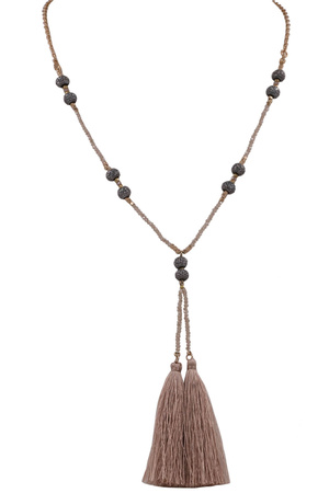 Pave Ball Glass Bead Cotton Tassel Necklace