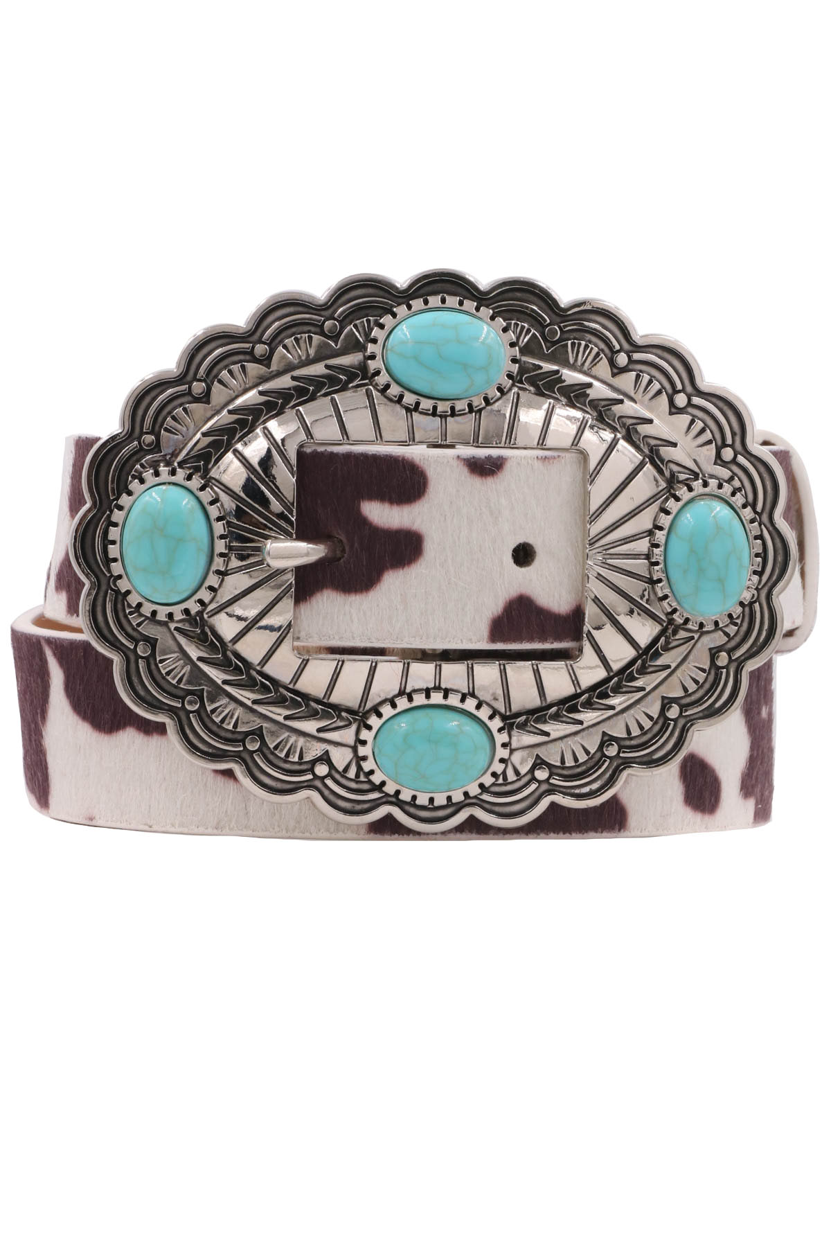 Faux Leather Stone Oval Concho  Cow Print Belt
