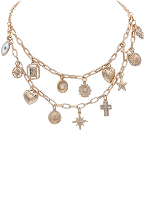 Metal Layered Heart Cross Star Charm Necklace