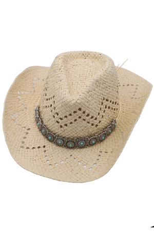 Boho Medallion Disc Banded Straw Cowboy Hat