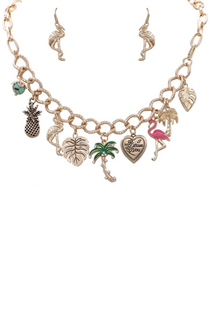 Metal Tropical Flamingo Charm Necklace Set
