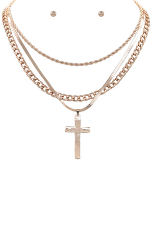Metal Layered Cross Pendant Necklace Set