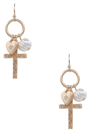 Metal Textured Cross Heart Charm Dangle Earrings
