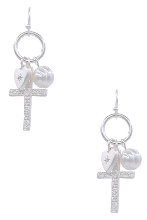 Metal Textured Cross Heart Charm Dangle Earrings