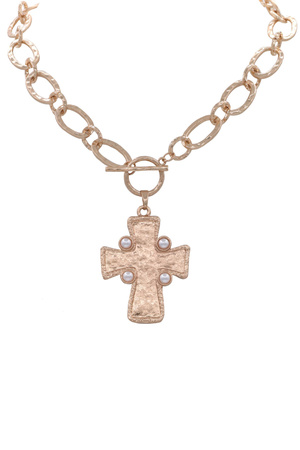Metal Hammered Chain Cross Pendant Necklace