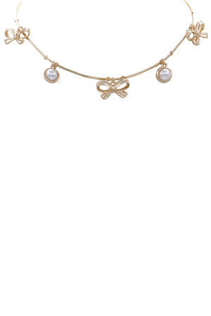 Metal Cream Pearl Bow Tie Charm Necklace