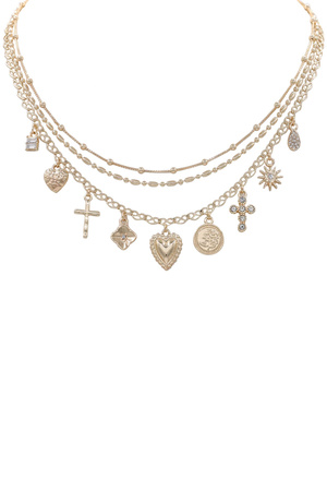 Metal Layered Heart Cross Charm Necklace