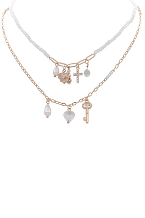Metal Glass Beaded Layered Charm Necklace