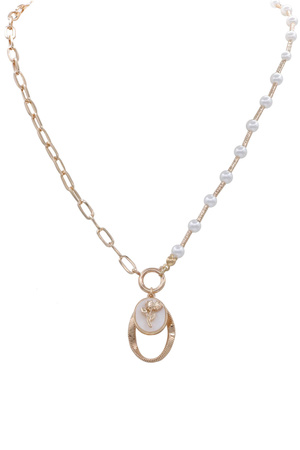 Metal  Cream Pearl Flower Charm Pendant Necklace