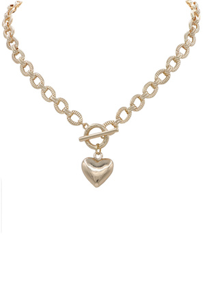 Metal Textured Circle Chain Heart Pendant Necklace