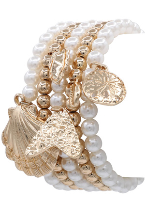 Metal Cream Pearl Sea Life Charm Bracelet Set