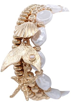 Metal Cream Pearl Sea Life Charm Bracelet Set