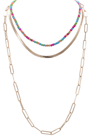 Metal Chain Coil Faceted Bead Layered  Necklace