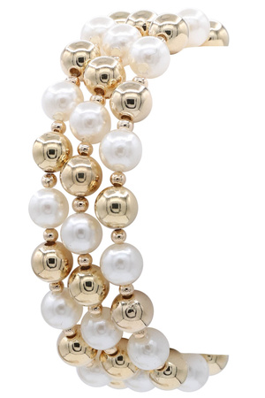 Metal Cream Pearl Beaded Stretch Bracelet Set
