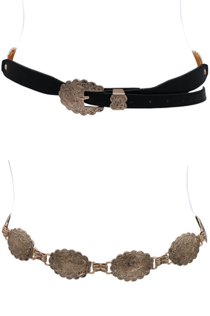 Faux Leather  Metal Swirl Floral Chain Belt
