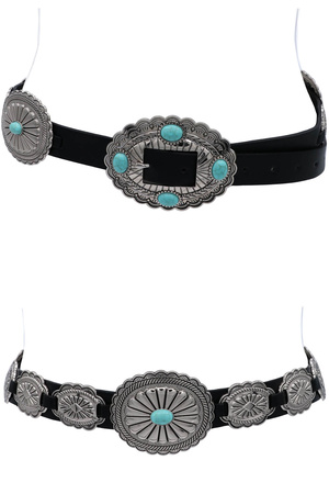 Stone Accent Concho Embellished Strap Belt