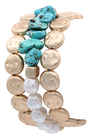 Metal Hammered Disc Stone Stretch Bracelet Set