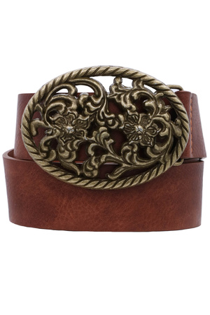 Faux Leather Floral Filigree Oval Buckle Belt