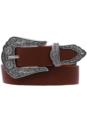 Faux Leather Scalloped Floral Western Buckle Belt