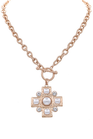 Metal Chain Toggle Necklace with Pearl Cross Charm