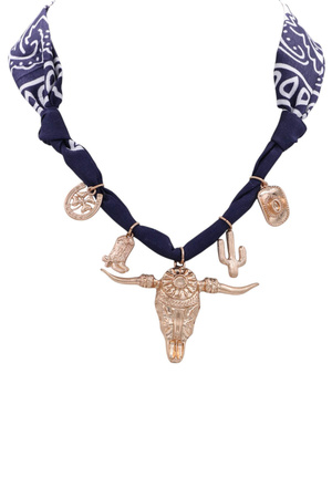 Western Charm  Bull Skull & Cactus Fabric Necklace