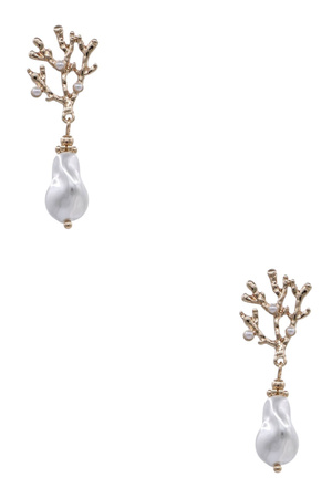Elegant Metal Tree Pearl Pave Dangle Earrings