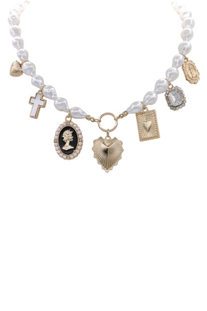 Pearl Charm Necklace with Vintage Heart & Cross