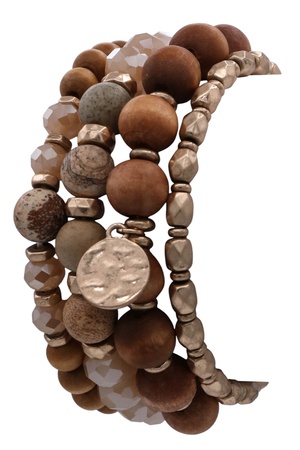 Hammered Disc Multi-Row Wood & Stone Bracelet
