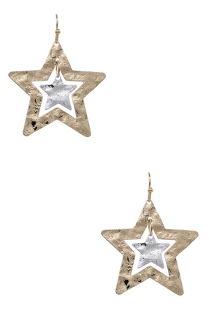 Metal Layered Hammered Star Drop Earrings