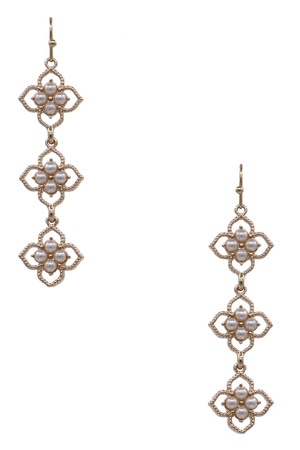 Three-Tier Metal Flower Pearl Dangle Earrings