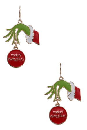 Colorful Grinch Hand Merry Christmas Drop Earrings