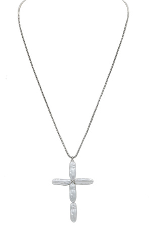 Metal Cross Pearl Long Necklace