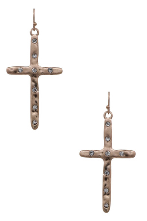 Rhinestone Embellished Hammered Cross Drop Earring