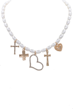 Cream Pearl Beaded Necklace with Heart Charms