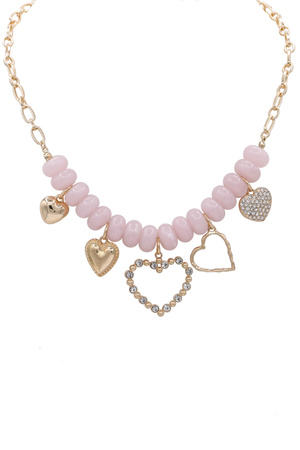 Heart Charm Metal Chain Acrylic Bead Necklace