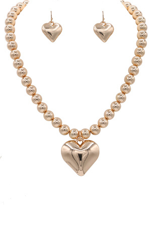 Heart Charm Ball Linked Necklace and Earring Set
