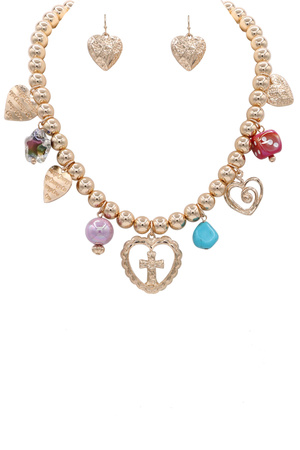 Metal Beaded Multi Heart Charm Necklace Set
