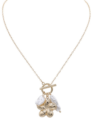 Metal Flower Pendant Necklace with Pearl Charms