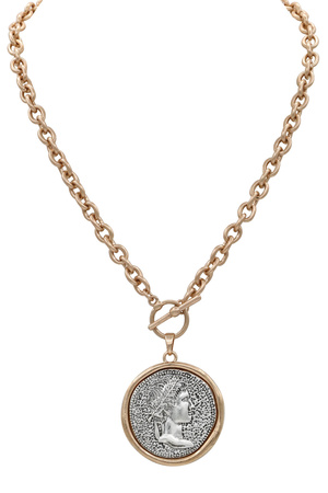 Two-Tone Coin Charm Necklace with Toggle Closure